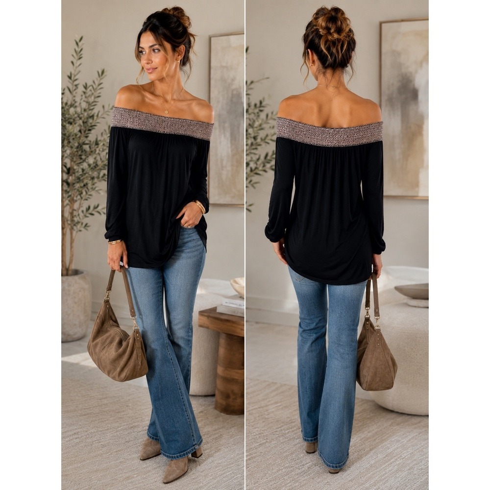 Luna Off Shoulder Tunic Top Womens Small Black Metallic Trim Long‎ Sleeve Boho